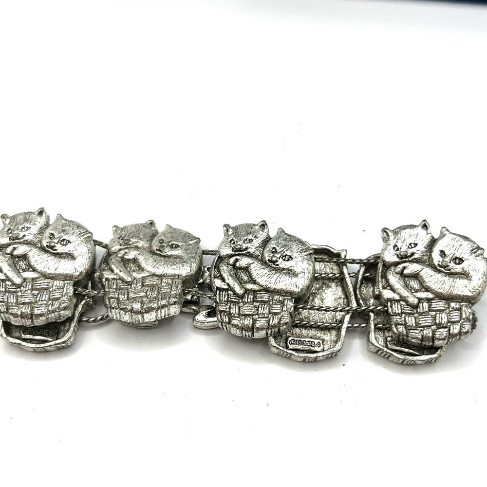 Vintage Cat in Basket Chain Sliding Charms Kittens Silver Tone Bracelet